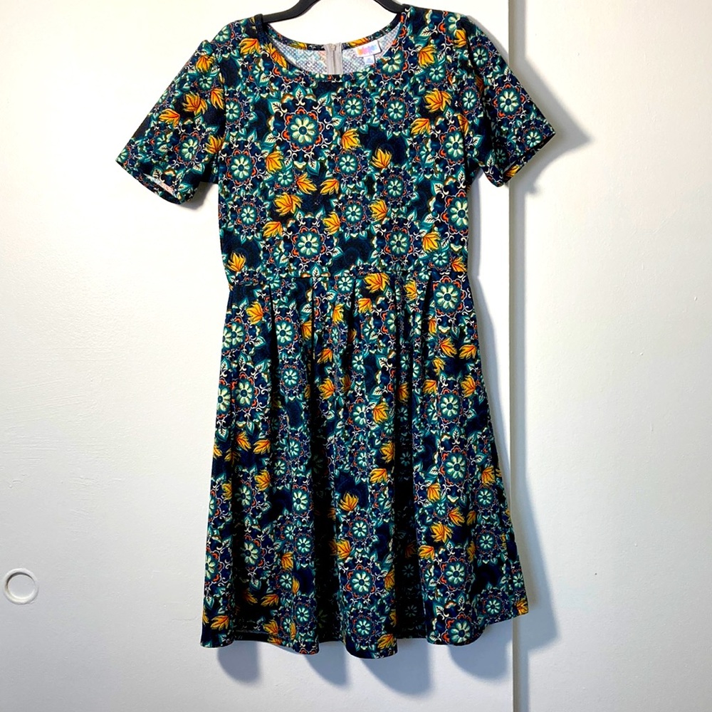 LuLaRoe Blue Gold Green Floral Amelia Dress Size XL